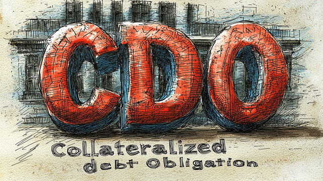 A strong and impactful graphic showing the acronym 'CDO' for Collateralized Debt Obligation, crafted with bold typography and textures highlighting financial theme.