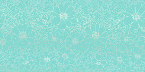 Floral pattern with a light turquoise background. The design features silver contour flowers and leaves with small flowers. Perfect for prints, posters, covers, banners, invitations, beauty products.