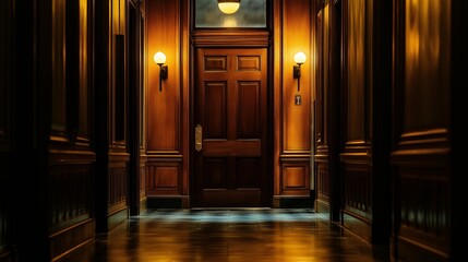 dark wood courtroom door in a courthouse hallway