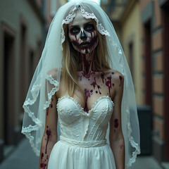 Zombie Bride in Torn White Dress with Pale Face and Decay in Dimly Lit Studio