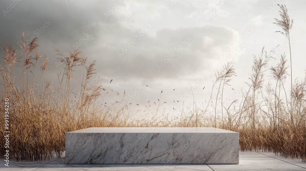 Poster A simple stone platform sits alone in an expanse of golden grass, with overcast skies looming above, creating a serene yet introspective atmosphere during the late afternoon.