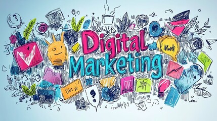 Fototapeta premium An engaging illustration showcasing various elements of digital marketing, including icons and doodles, representing the dynamic and evolving nature of the field.