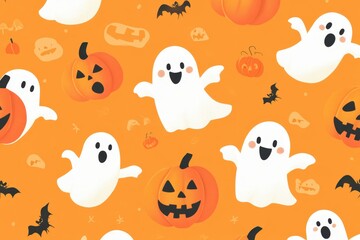 Naklejka premium A pattern of cute cartoon ghosts and pumpkins on an orange background, creating a fun Halloween-themed design Generative AI