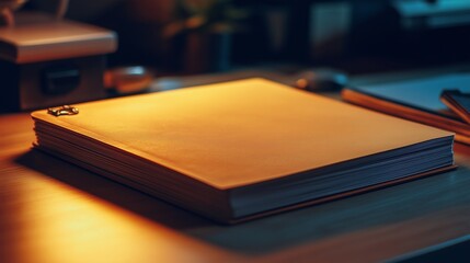 manila legal folder on an office desk, softly illuminated by overhead light