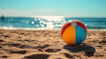 multicolored beach ball bouncing on the sandy beach