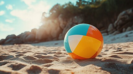 Obraz premium multicolored beach ball bouncing on the sandy beach