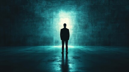 Obraz premium A man stands in a dark room with a blue background