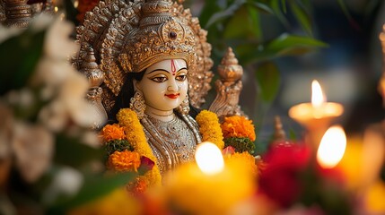A close up of a beautiful decorated durga idol with bukeh background generative ai image