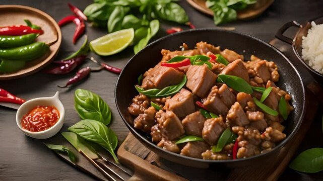 A vibrant stir-fried chicken dish, garnished with fresh basil leaves and sliced red chilies, served alongside rice. The image also showcases the ingredients, including green and red chili peppers, lim