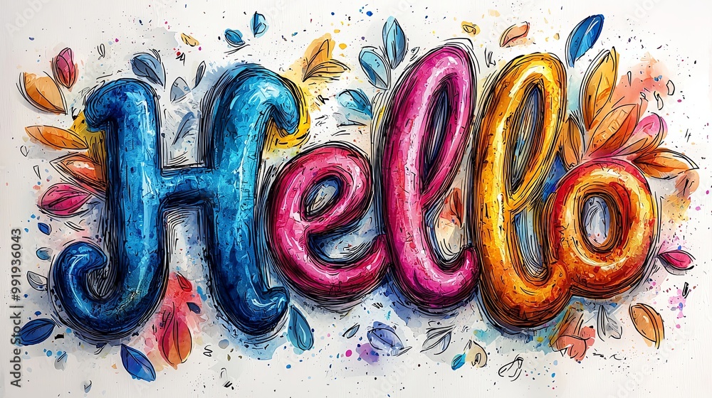 Poster bursting with colors, this cheerful 'hello' image features a hand-drawn style with surrounding leave
