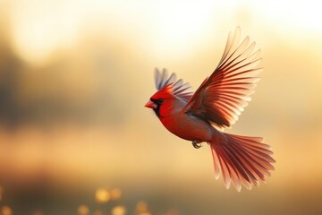 Fototapeta premium World Migratory Bird Day. Red-breasted cardinal (Carduelis carduelis). Migratory birds in flight against a blurred landscape during seasonal journey with generative ai