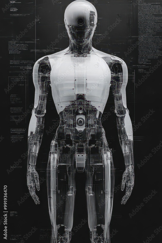 Poster 3d wireframe render of a humanoid robot with mechanical details, 3d robot, ai technology