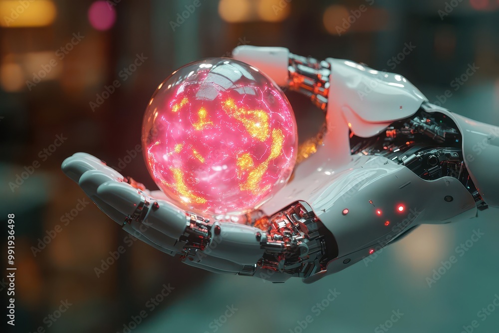 Poster 3d render of a robotic hand holding a hologram of a digital world, showcasing cutting-edge technolog