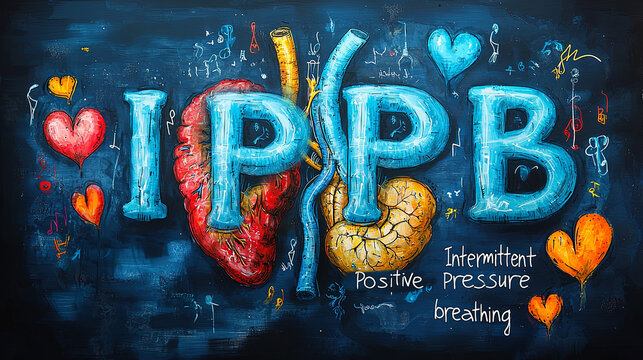 A colorful and artistic representation of the medical concept of Intermittent Positive Pressure Breathing (IPPB), featuring vibrant anatomical heart and lungs illustrations.