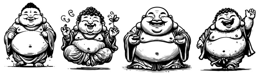 cheerful fat buddha in cartoon style minimalist black and white line art