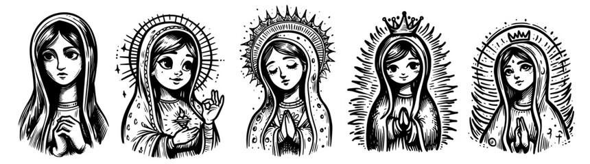 collection of spiritual mary portraits in black and white hand-drawn vector