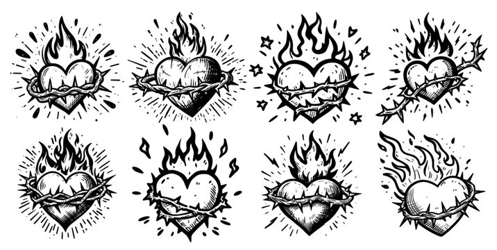 cartoon style flaming hearts with thorns in black and white vector collection