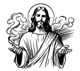 spiritual portrait of jesus christ in black and white line drawing
