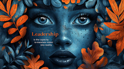 A vibrant portrait with blue and orange leaves and intricate facial features embodies leadership as the central theme: translating vision into reality text included prominently.
