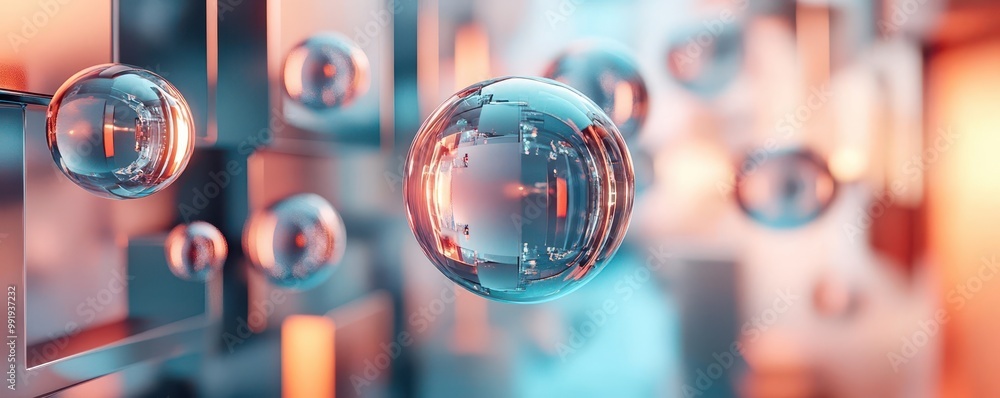 Poster 3d abstract composition of floating glass spheres and metallic structures, 3d abstract shapes, futur