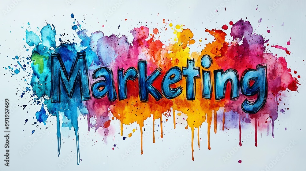 Poster a dynamic artistic depiction of the word 'marketing' utilizing vibrant splashes of color in a waterc