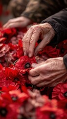 Hands Arranging Poppy Wreath for Memorial Day Tribute - Symbol of Remembrance and Honor