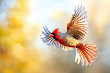 Fototapeta premium World Migratory Bird Day. Red-breasted cardinal (Carduelis carduelis). Migratory birds in flight against a blurred landscape during seasonal journey with generative ai