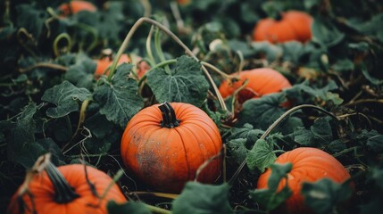 pumpkin patch, vibrant orange pumpkins contrasting against the dark green foliage