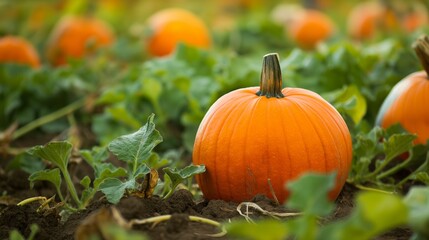 pumpkin patch, vibrant orange pumpkins contrasting against the dark green foliage