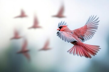 Obraz premium World Migratory Bird Day. Red-breasted cardinal (Carduelis carduelis). Migratory birds in flight against a blurred landscape during seasonal journey with generative ai