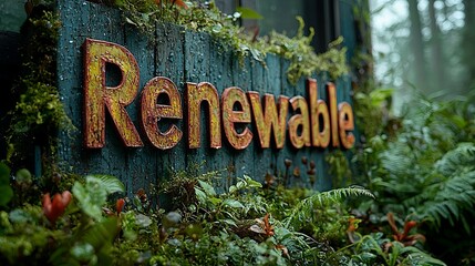 A sign covered in moss with the word 'Renewable' emphasizes the importance of eco-friendly and sustainable practices within a lush, green natural environment.