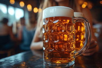 A waitress in traditional Bavarian attire serving large beer mugs to a lively Oktoberfest crowd.
