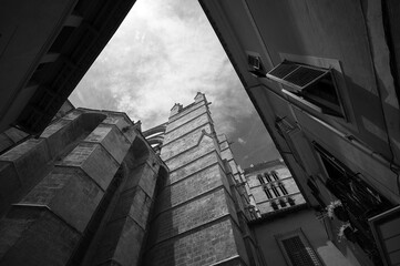 Palma de Mallorca. Mallorca island.Travel destinations Spain. Black and white photography of Palma de Mallorca architecture.