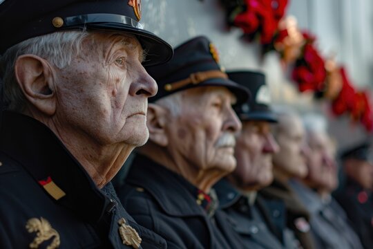 Diverse Military Veterans Honoring Fallen Heroes at Memorial with Poppy Wreaths on a Solemn Day - Powered by Adobe