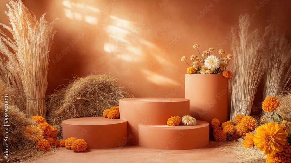 Aufkleber a warm and inviting arrangement features terracotta circular platforms adorned with vibrant flowers 