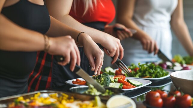 group of friends supporting each other during their weight loss journey, sharing recipes