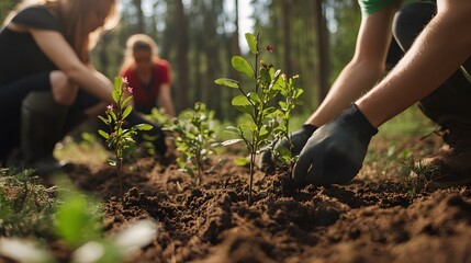 In the foreground, we see some people planting young trees in brown soil with green leaves and small flowers on them
