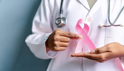 Pink October Woman Doctor with Pink Ribbon in Hospital for Breast Cancer Awareness Month