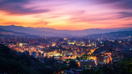 Fototapeta premium A wide-angle view at twilight with vibrant city buildings in the foreground, glowing lights emanating from the structures