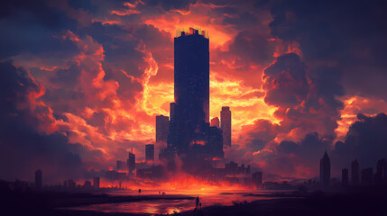 An illustration of a skyscraper on fire symbolizes armageddon and global warming in the cities