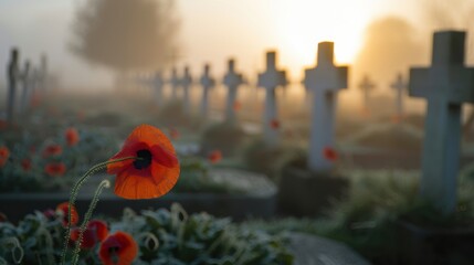 Somber Cemetery Scene with Red Poppies and White Gravestones in Morning Fog - Remembrance Day Tribute