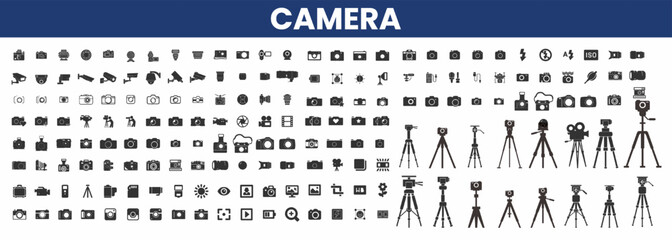 Camera icon set, camera stand set, photography set of icons. line art camera icon.