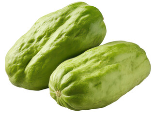 Fototapeta premium Two wrinkled green chayote squashes. Glossy surface, irregular shape. Transparent background.