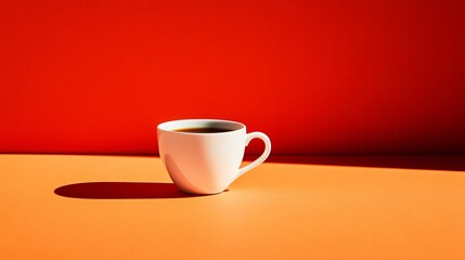 White coffee mug with coffee on an orange and red background.