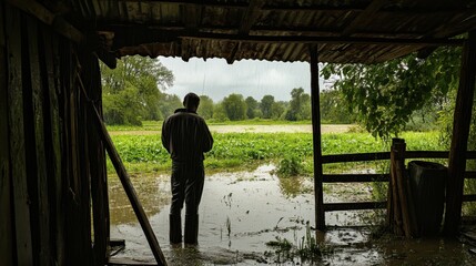 A farmer looking out at a flooded field, standing under a wooden shelter as rain pours down