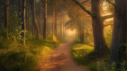 Fototapeta premium quiet forest path, lit only by the soft glow