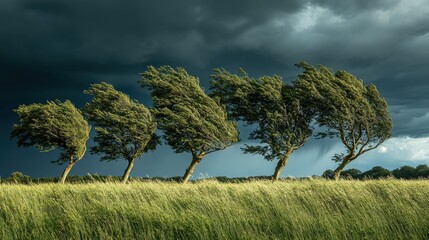 Trees bending in the wind as a storm approaches, with the sky darkening above