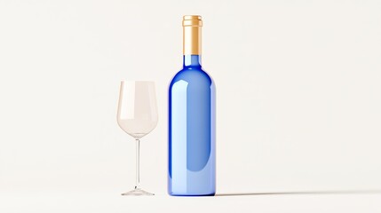 A Stylish and Aesthetic Blue Wine Bottle Alongside an Elegant Glass on a Minimalist Background