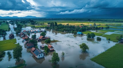 Aerial view of a rural village surrounded by flooded fields and heavy rain clouds overhead