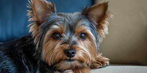A close-up portrait photo of a cute terrier dog looking at the camera, isolated against a blurred background.
